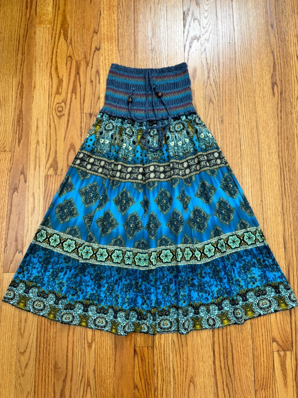 NEW Y2K boho cottage ethnic print smoked high rise pleated A-line Midi Skirt XS - Picture 15 of 16